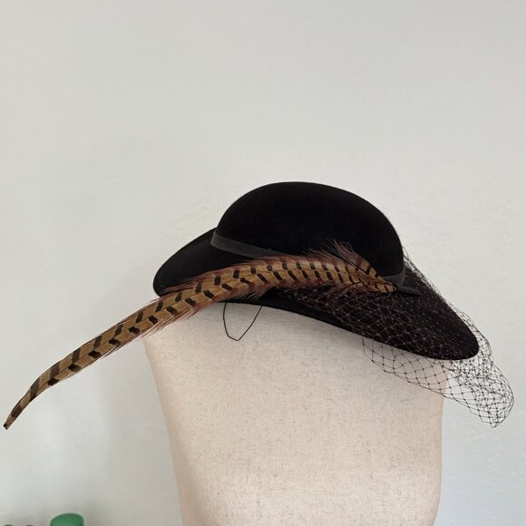 Vintage Sonni of San Francisco Wide-Brim Fascinator Hat Wool Felt Veil Feather main image 8